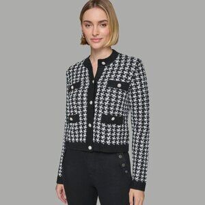 Karl Lagerfeld Cardigan Women's Size XL Black White Herringbone Cropped Classic